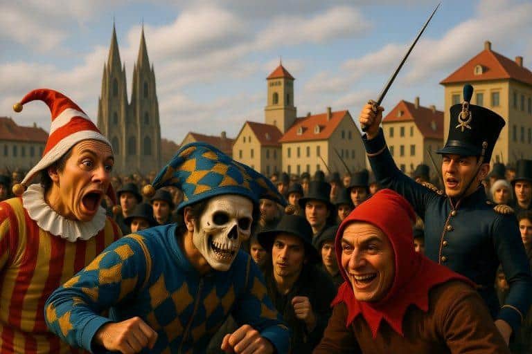 Bunte Karnevalsfiguren und Narren beim Start des geordneten Kölner Karnevals.