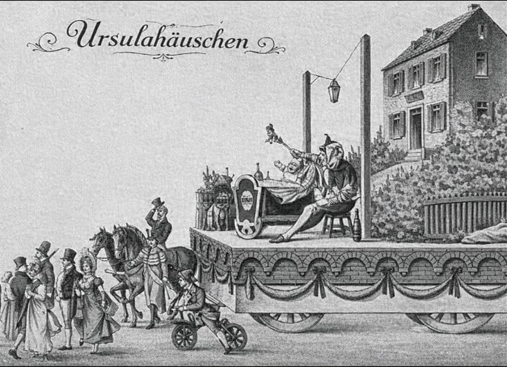 Historische Karnevalsszene mit Wagen und Kostümen aus dem 19. Jahrhundert in Köln.