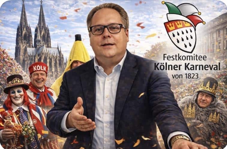 Lutz Schade bei der Bewährungsprobe des Kölner Karnevals, umgeben von Karnevalsfiguren und Festlichk.