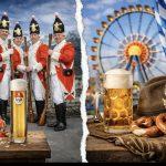 Traditionelle Karnevalisten in Köln mit Bier und Masken, bayerische Spezialitäten und Oktoberfest-At.