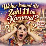 Frau mit verwirrtem Gesicht und bunten Punkten, Karnevalsszene im Hintergrund, Fokus auf Zahl 11.