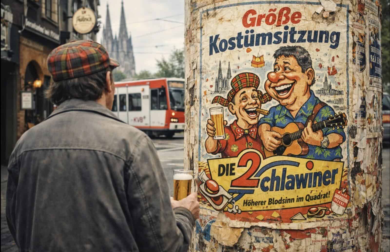 Mann trinkt Bier vor Karnevalsplakat mit lachenden Clowns.