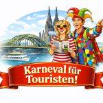 Bunte Touristen beim Karneval in Köln, verkleidet als Clowns, vor dem Dom.