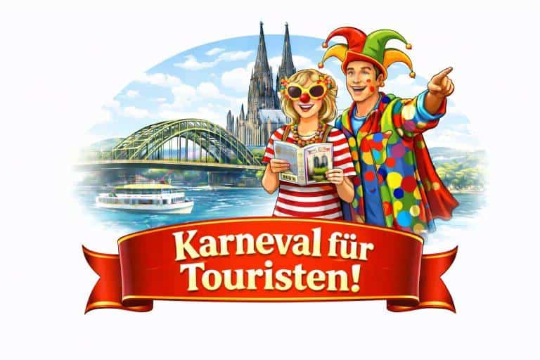 Bunte Touristen beim Karneval in Köln, verkleidet als Clowns, vor dem Dom.