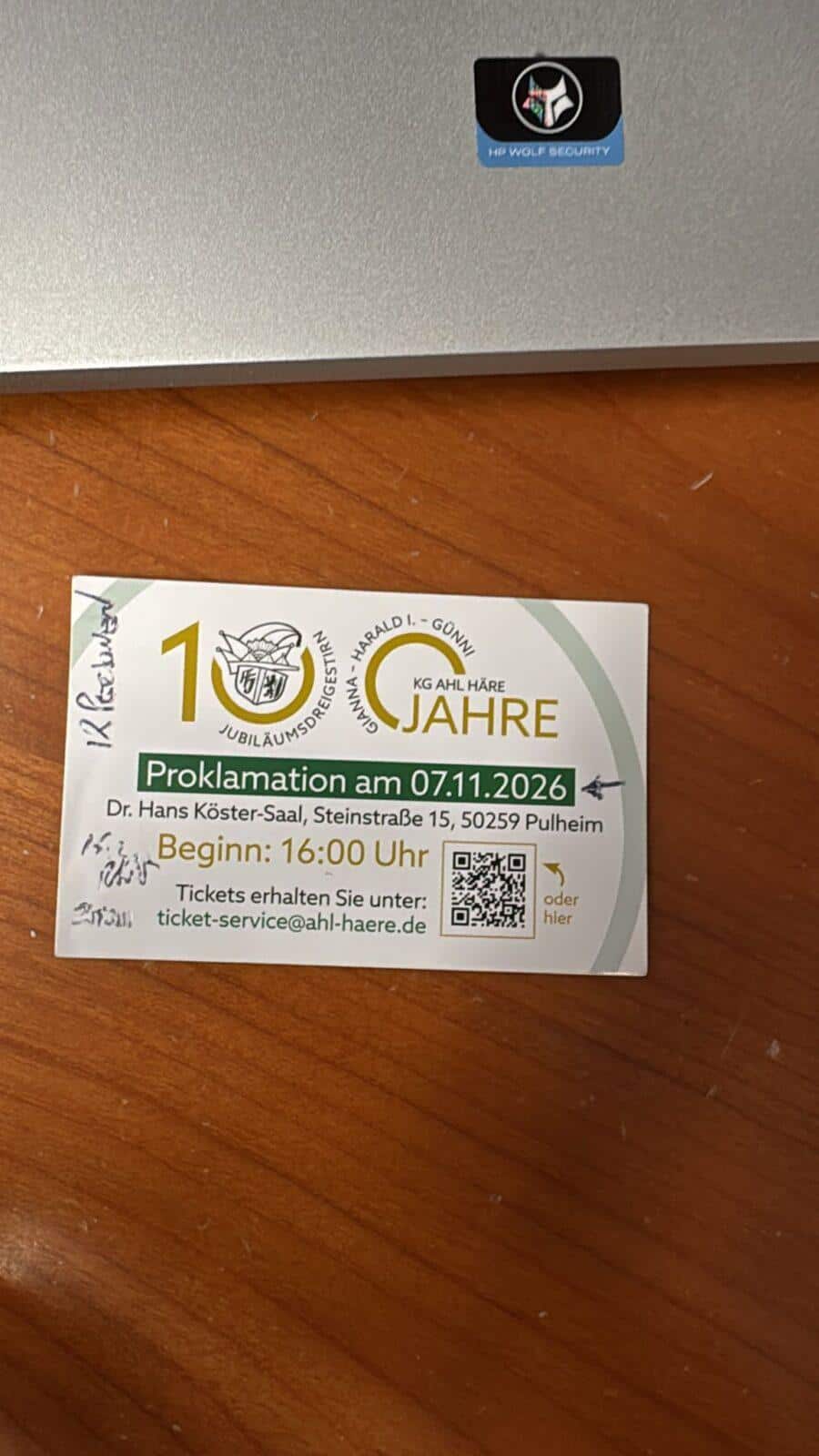 Karnevals-Einladungskarte mit 10 Jahren Jubiläum in Köln, Veranstaltung am 07.11.2026.