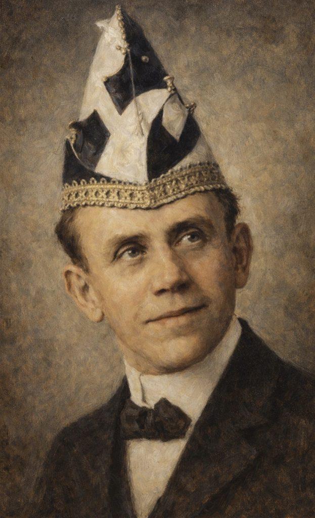 Historisches Porträt eines Mannes mit Karnevals-Narrenkappe, symbolisch für den Kölner Karneval.