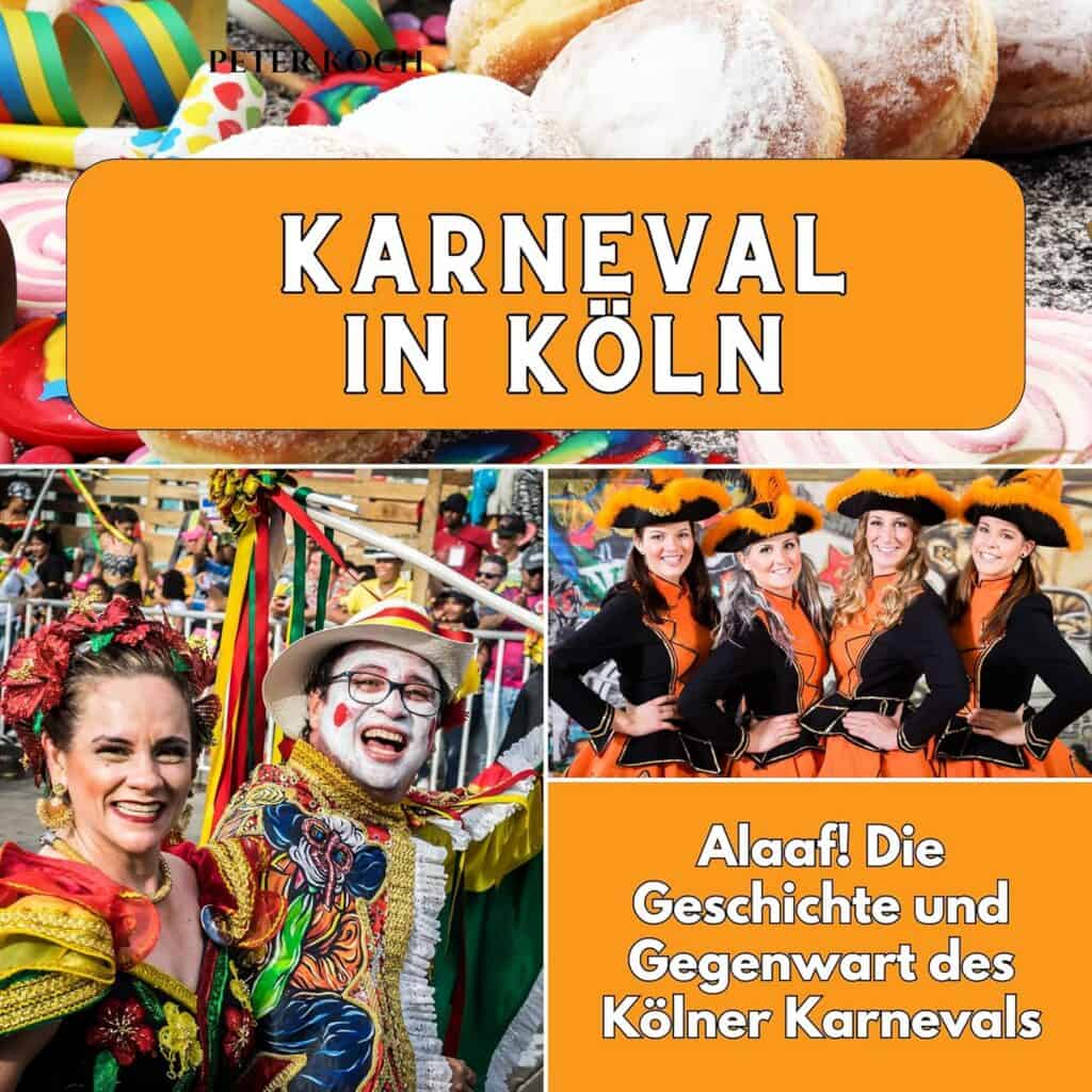Bunte Karnevalsszene in Köln mit fröhlichen Tänzern und Clowns, festliche Atmosphäre.