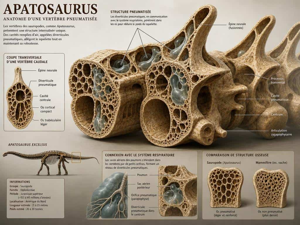Coupe anatomique des vertèbres d'Apatosaurus montrant la structure osseuse creuse