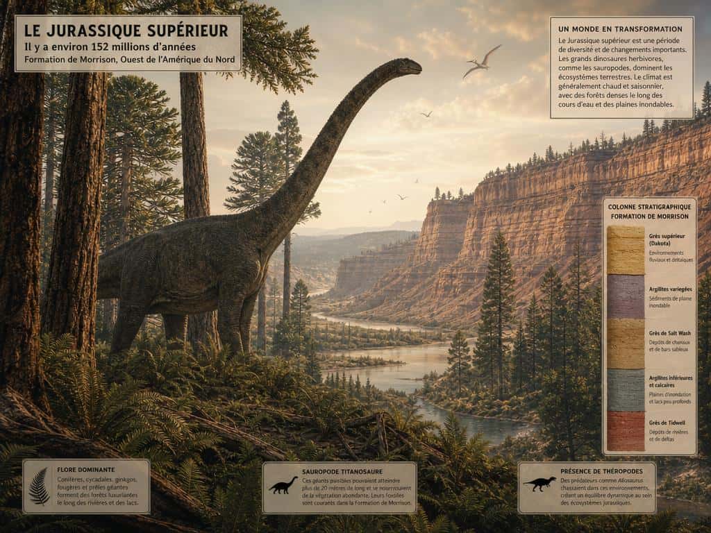 Apatosaurus dans un paysage préhistorique du Jurassique supérieur