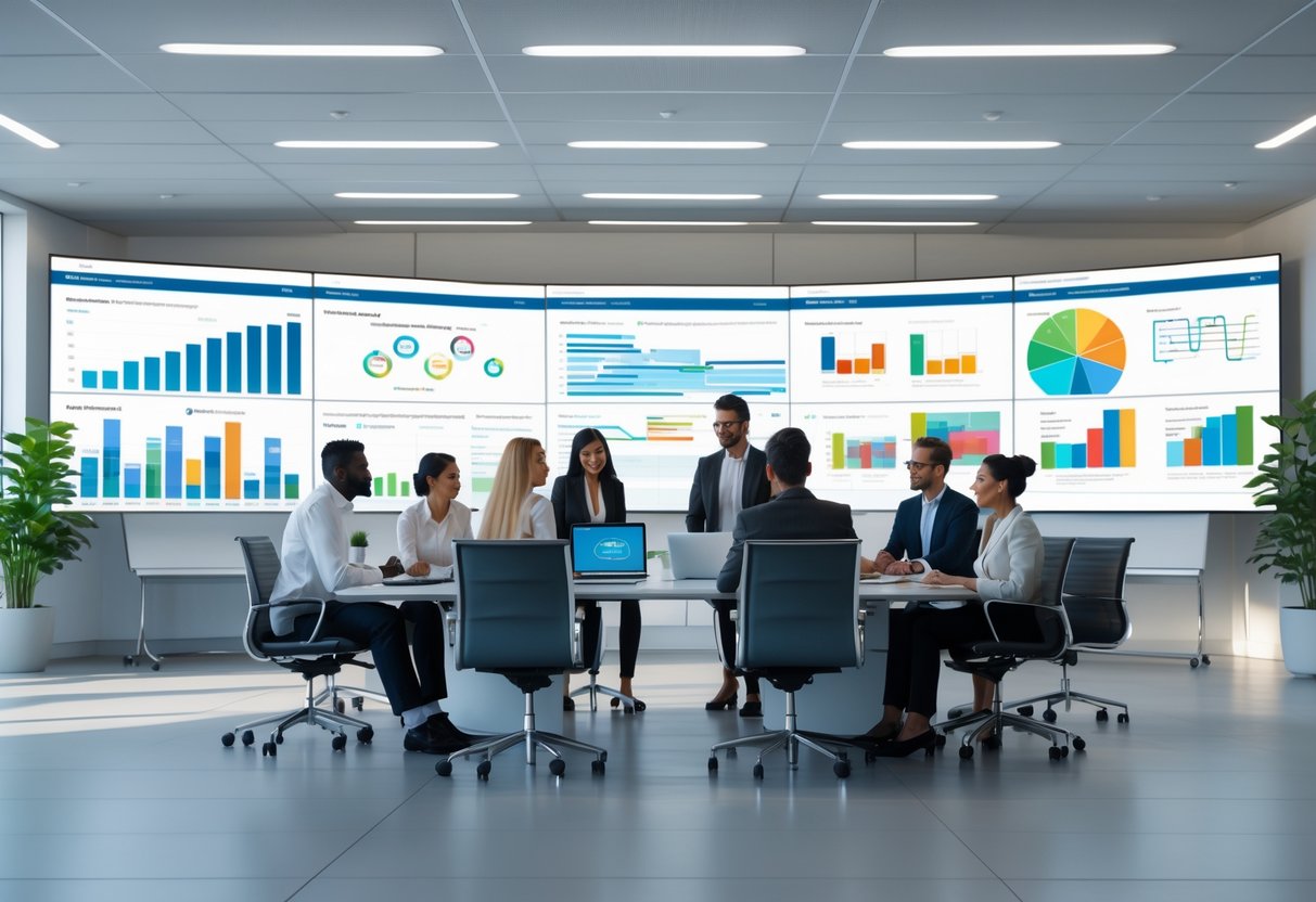 Un centre de gestion de projet avec des professionnels travaillant ensemble autour d'une table dans un bureau moderne avec des écrans et des tableaux blancs.