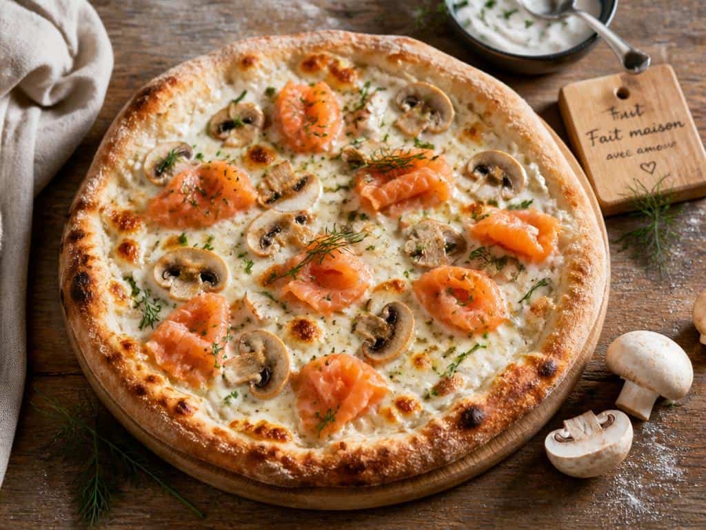 recette pizza saumon fumé crème fraîche champignon