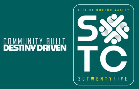 Logo for Moreno Valleys 2025 State of the City event with the slogan Community Built, Destiny Driven on a teal background.