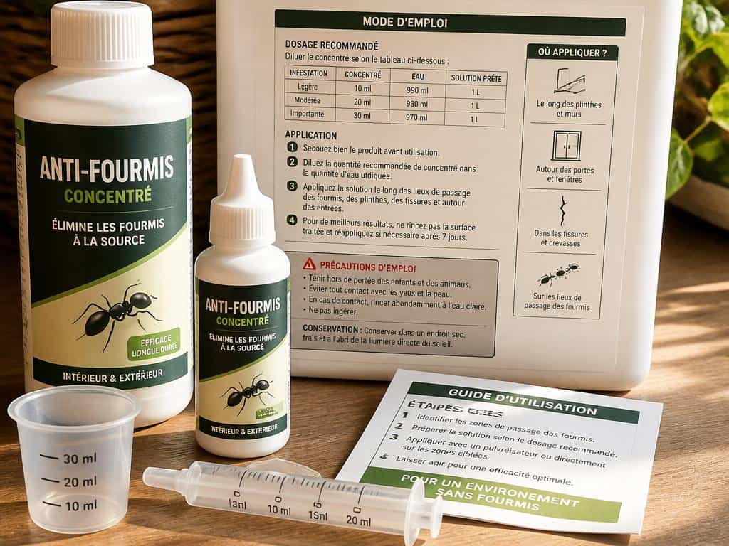 Produit anti-fourmi avec dosage et mode d'application clairement présentés