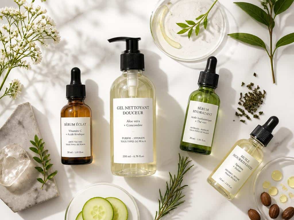 Composition de produits cosmétiques et ingrédients naturels en flat lay