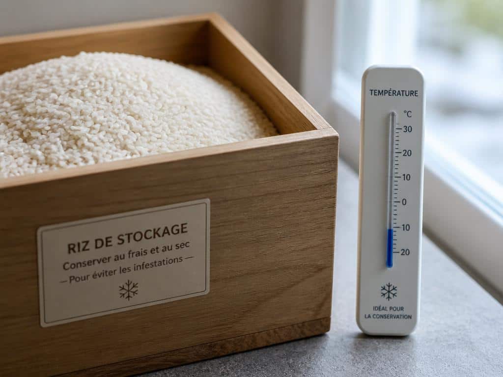 Grains de riz stockés avec thermomètre indiquant une basse température