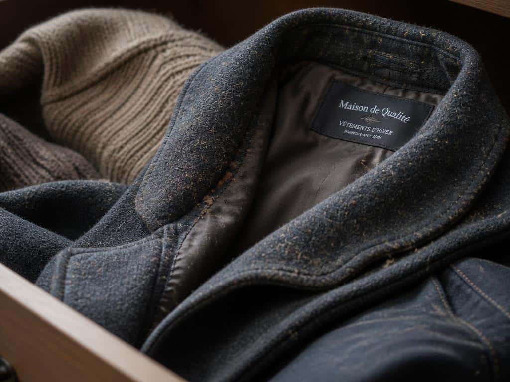 Vêtements hivernaux pliés dans un tiroir montrant les coutures et replis intérieurs