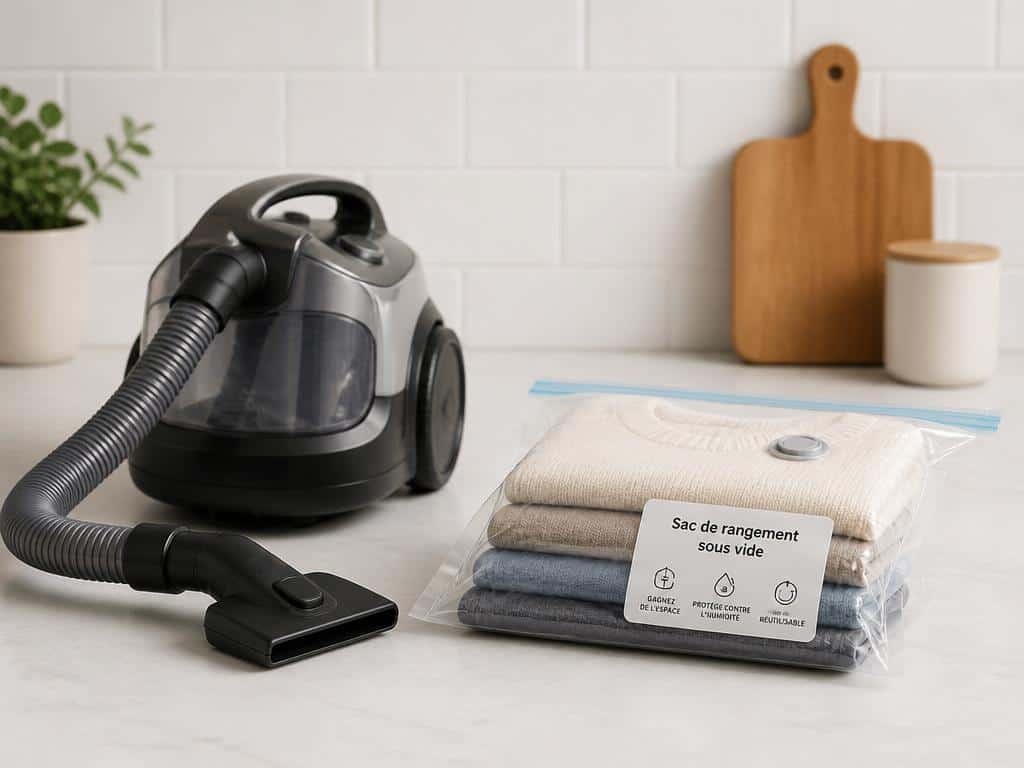 Aspirateur et sac congélation contenant des vêtements sur un plan de travail