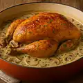 chapon au vin blanc et champignons