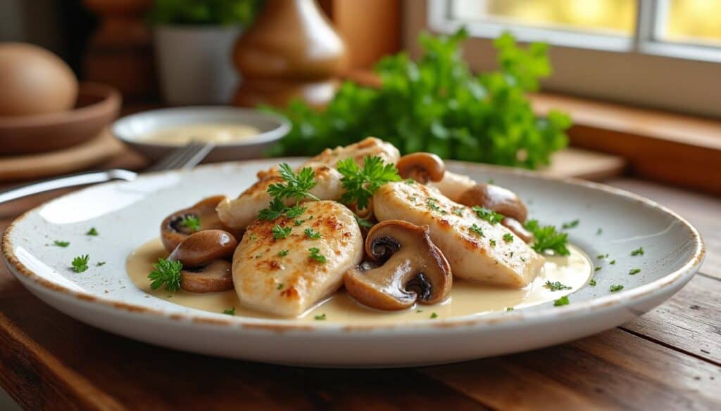 chapon en morceaux à la crème et aux champignons
