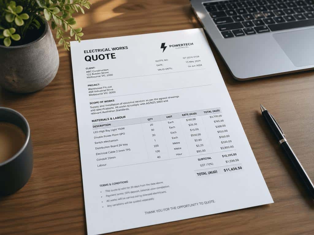 Document devis électricien détaillé sur bureau avec lumière naturelle