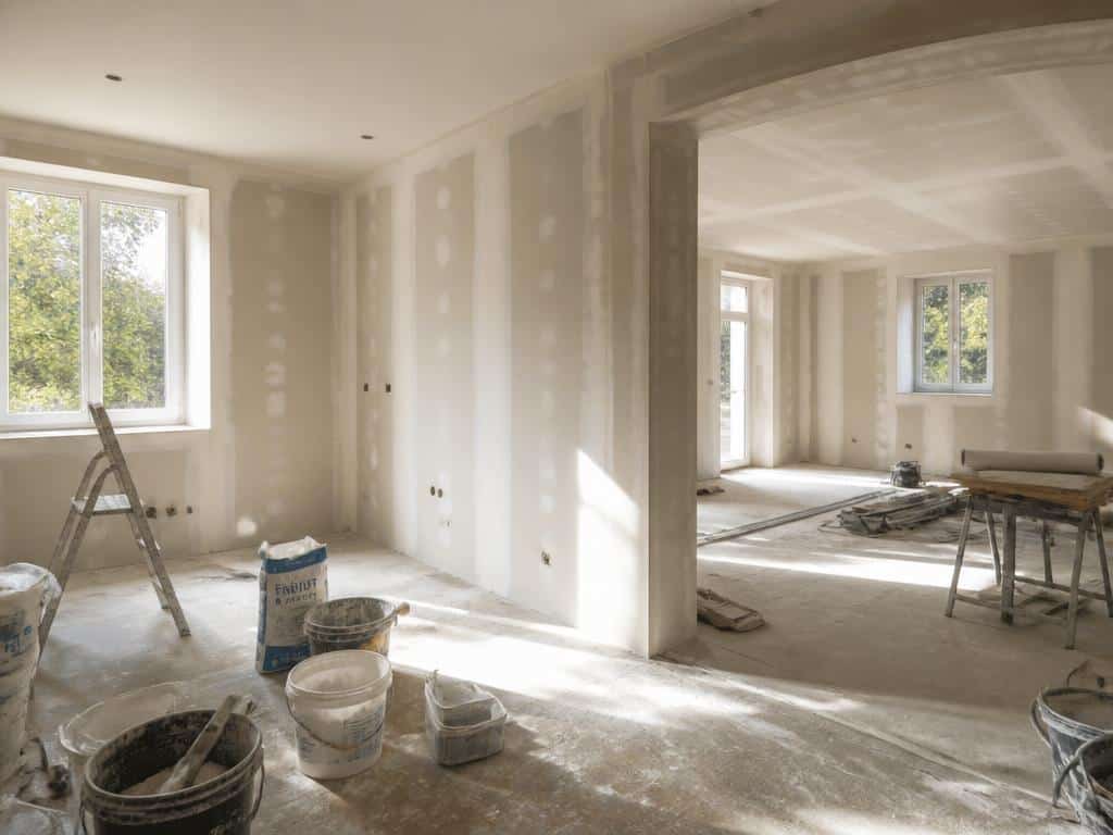 Chantier de rénovation intérieure avec outils et protections, lumière naturelle