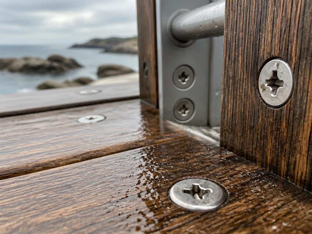 Vis en acier inoxydable A2 sur terrasse en bois humide près de la mer