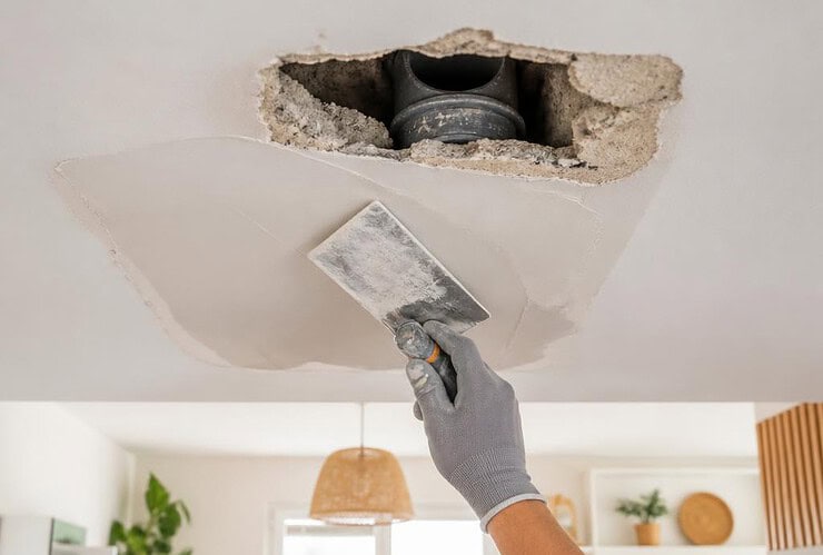 renovation rebouchage plafond rdc apres retrait tube de wc