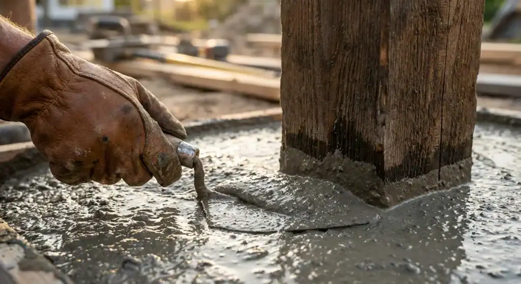 Sceller un poteau en bois avec du béton