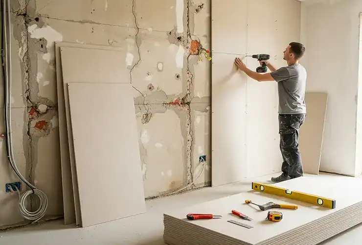 Pose de placo collé sur mur irrégulier