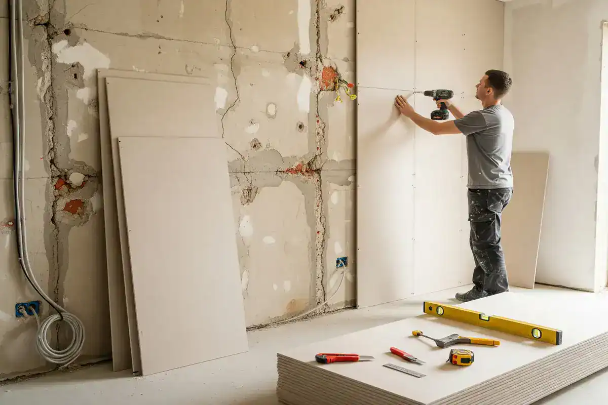 Pose de placo collé sur mur irrégulier