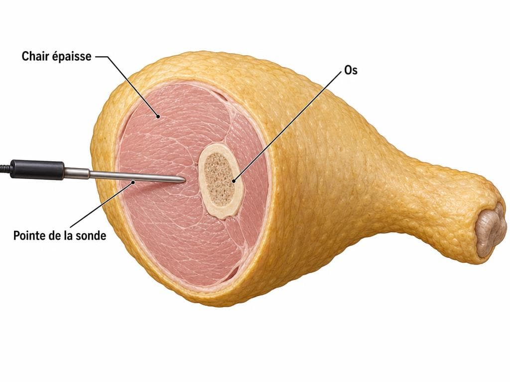 Coupe d'une cuisse montrant une sonde introduite par le côté dans la chair épaisse, à distance de l'os.