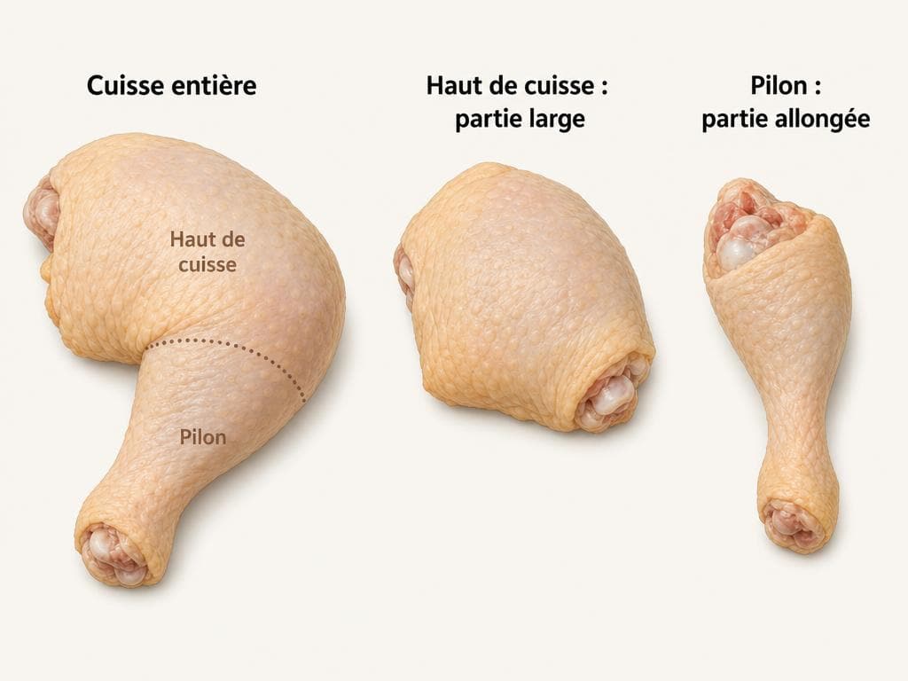 Comparaison d'une cuisse entière, d'un haut de cuisse seul et d'un pilon seul.