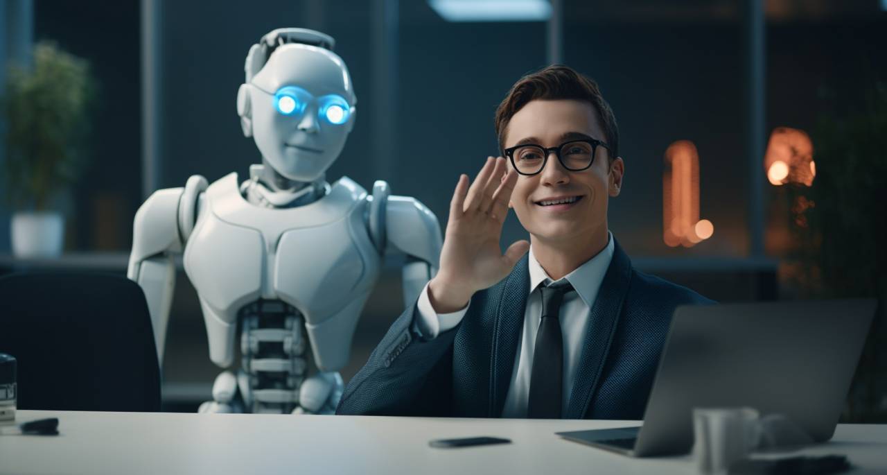 Un hombre agitando su mano frente a un robot.