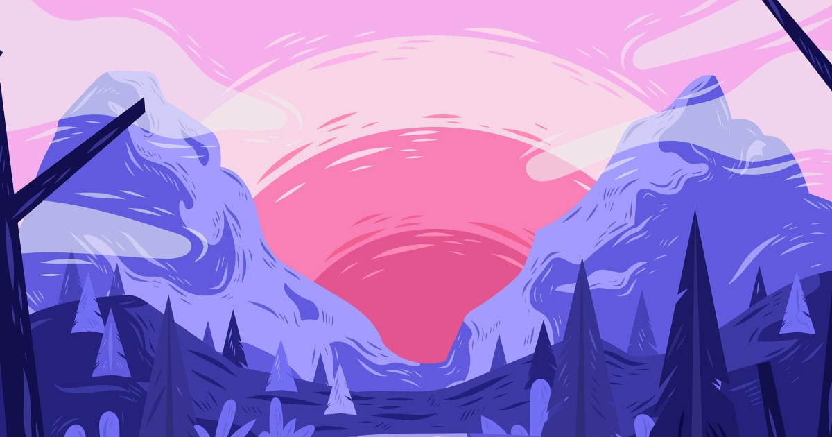 Sunset over stylized mountain landscape with pine trees, vibrant pink and blue colors, illustrating nature, adventure, and outdoor activities.