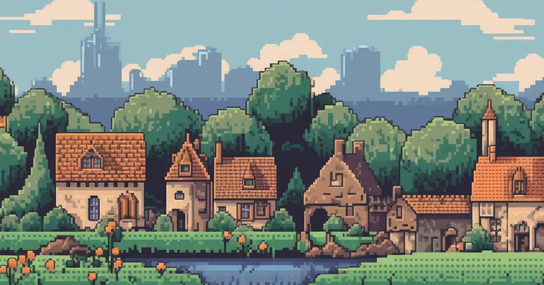 Pixel art illustration of charming homes with lush trees and a peaceful river, representing a vibrant, connected community ideal for digital workspace or SaaS branding related to collaboration and remote work.