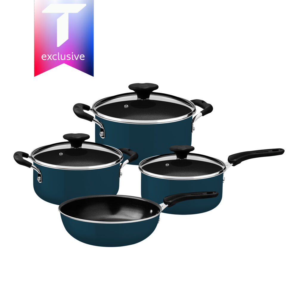 Tunis Cookware Set in Aluminum with Ceramic Interior Coating and Silicone Exterior, Mediterranean Blue, 4 Pieces
