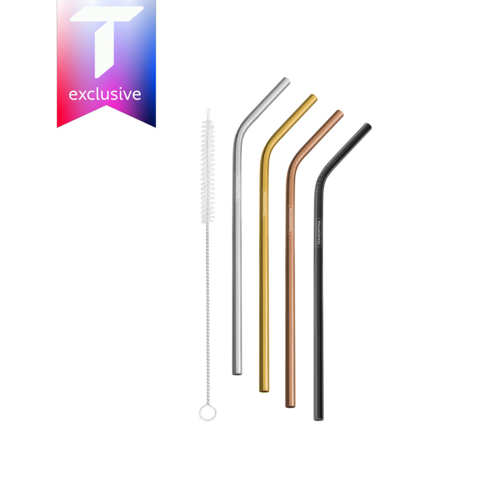 Tramontina stainless steel colorful drinking straw set with cleaning brush, 5 pc set