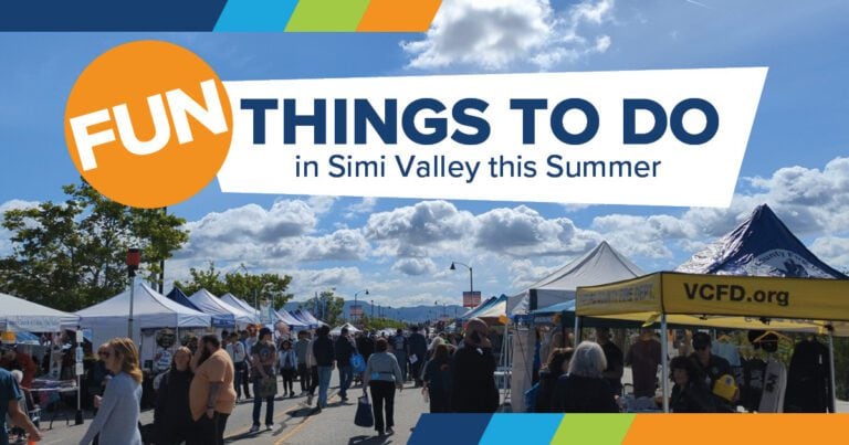 Outdoor event with tents and people under a sunny sky; banner reads “FUN THINGS TO DO in Simi Valley this Summer,” with VCFD.org tent visible.