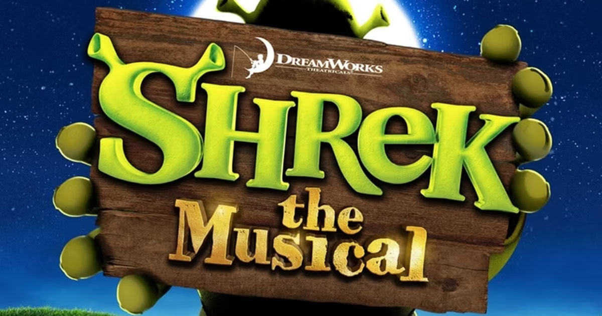 Logo for Shrek the Musical by DreamWorks, featuring the title on a wooden sign with green ogre ears against a starry night sky background.