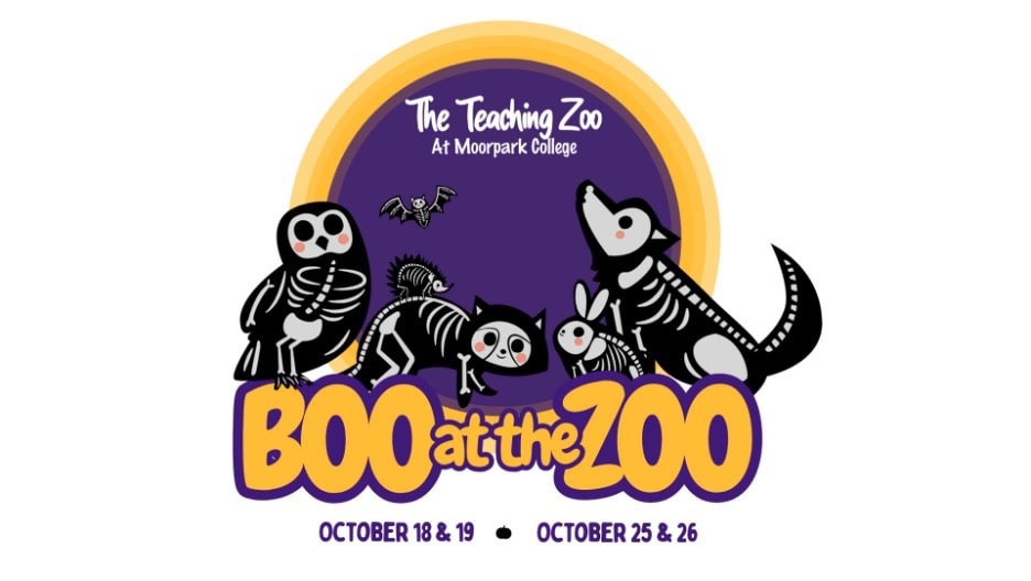 Cartoon skeleton animals with a purple and yellow background promote Boo at the Zoo at Moorpark College, with event dates October 18-19 and October 25-26.