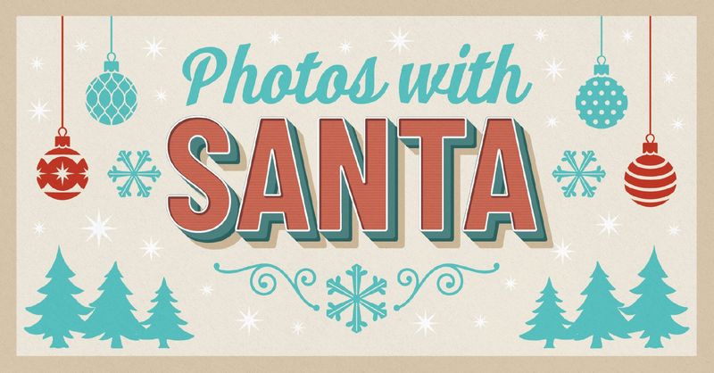 A festive sign reads Photos with Santa with holiday ornaments, snowflakes, and Christmas tree graphics on a light background.
