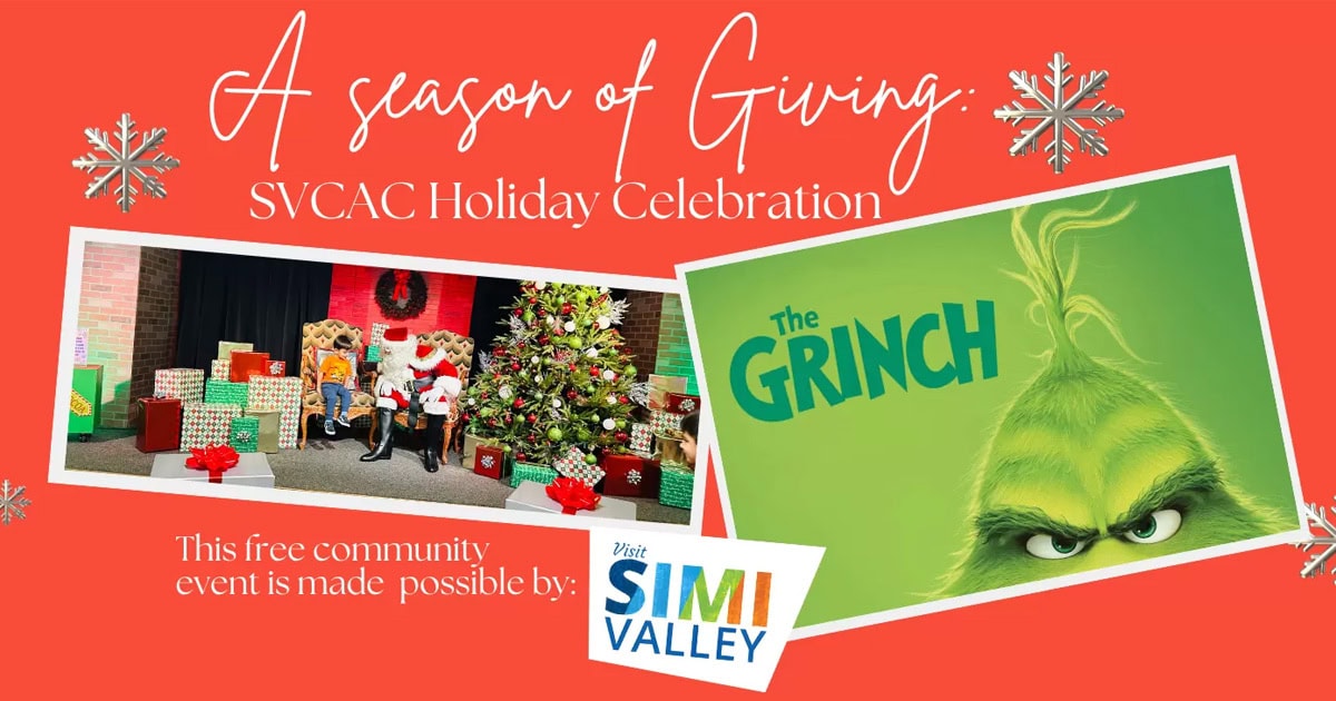 Red promotional graphic for A Season of Giving: SVCAC Holiday Celebration featuring Santa with children, presents, the Grinch, snowflakes, and sponsorship by Visit Simi Valley.