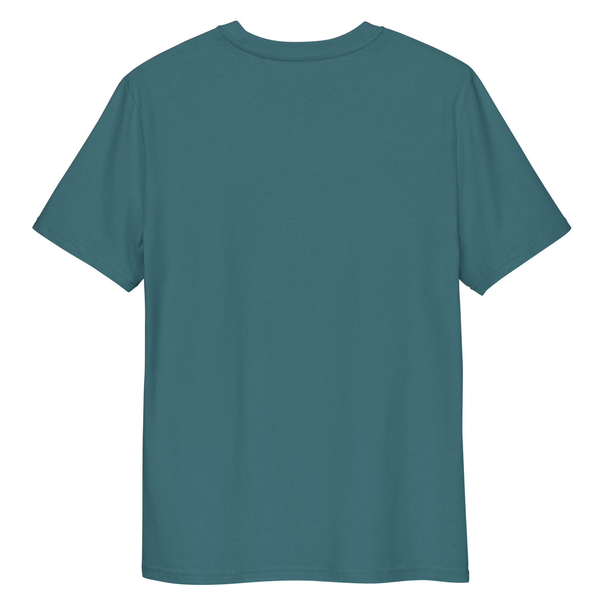 La camiseta unisex "Parapente al Atardecer" se presenta de espaldas, luciendo su color verde azulado liso, con mangas cortas y un corte holgado. La tela suave no presenta patrones ni logotipos visibles, evocando una tranquila velada de parapente. La camiseta está centrada sobre un fondo blanco.