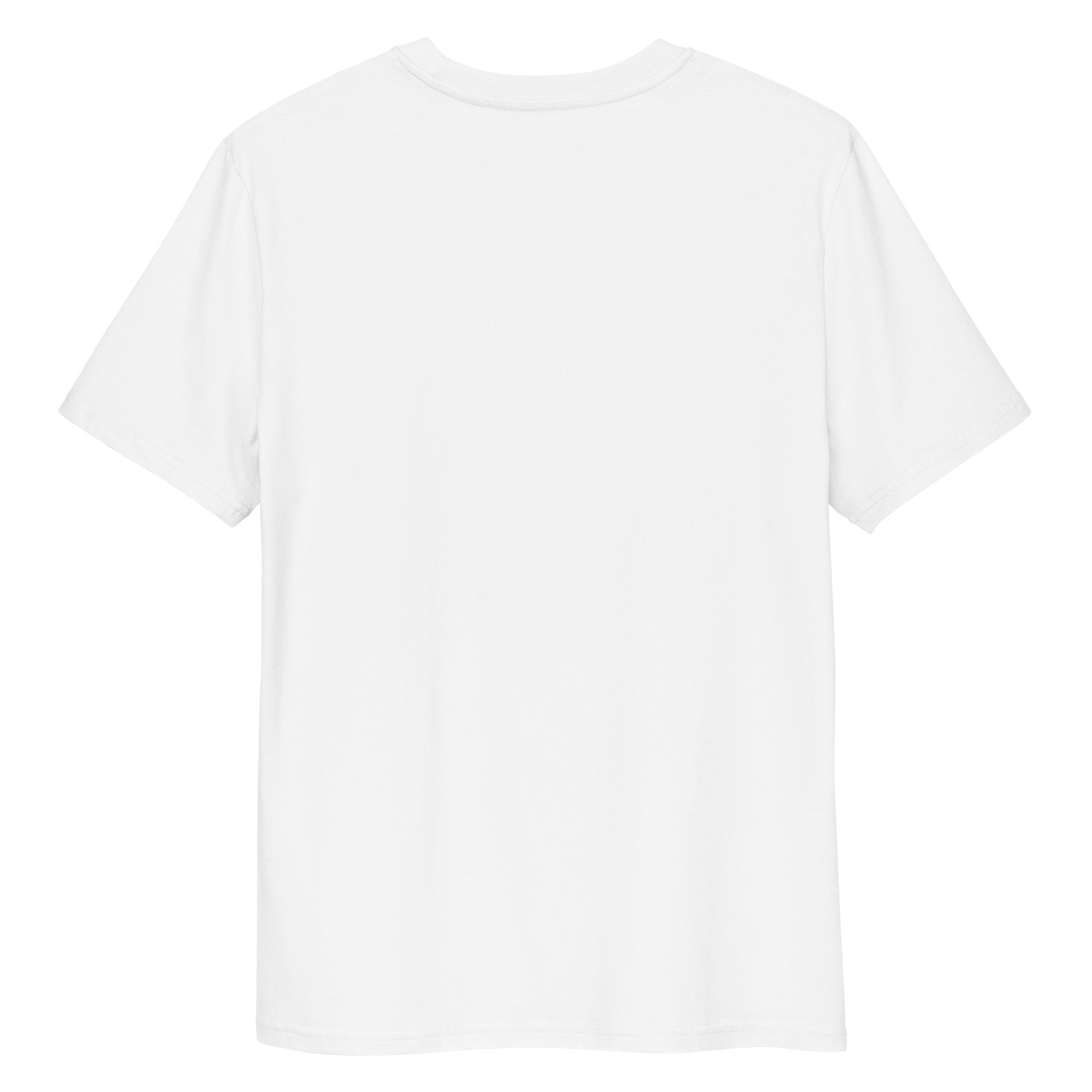 Camiseta unisex blanca lisa "Parapente al Atardecer", mostrada sobre un fondo blanco de espaldas, presenta mangas cortas y cuello redondo. La tela suave y sin adornos realza su sencillez y estilo casual, con un encanto atemporal.
