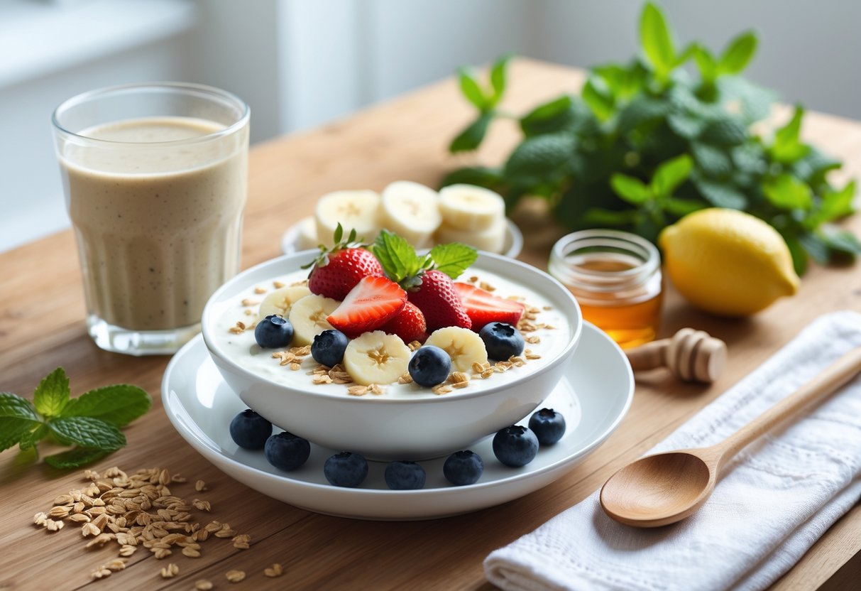 Un bol de yaourt nature garni de fruits frais et de granola sur une table en bois dans une cuisine lumineuse.