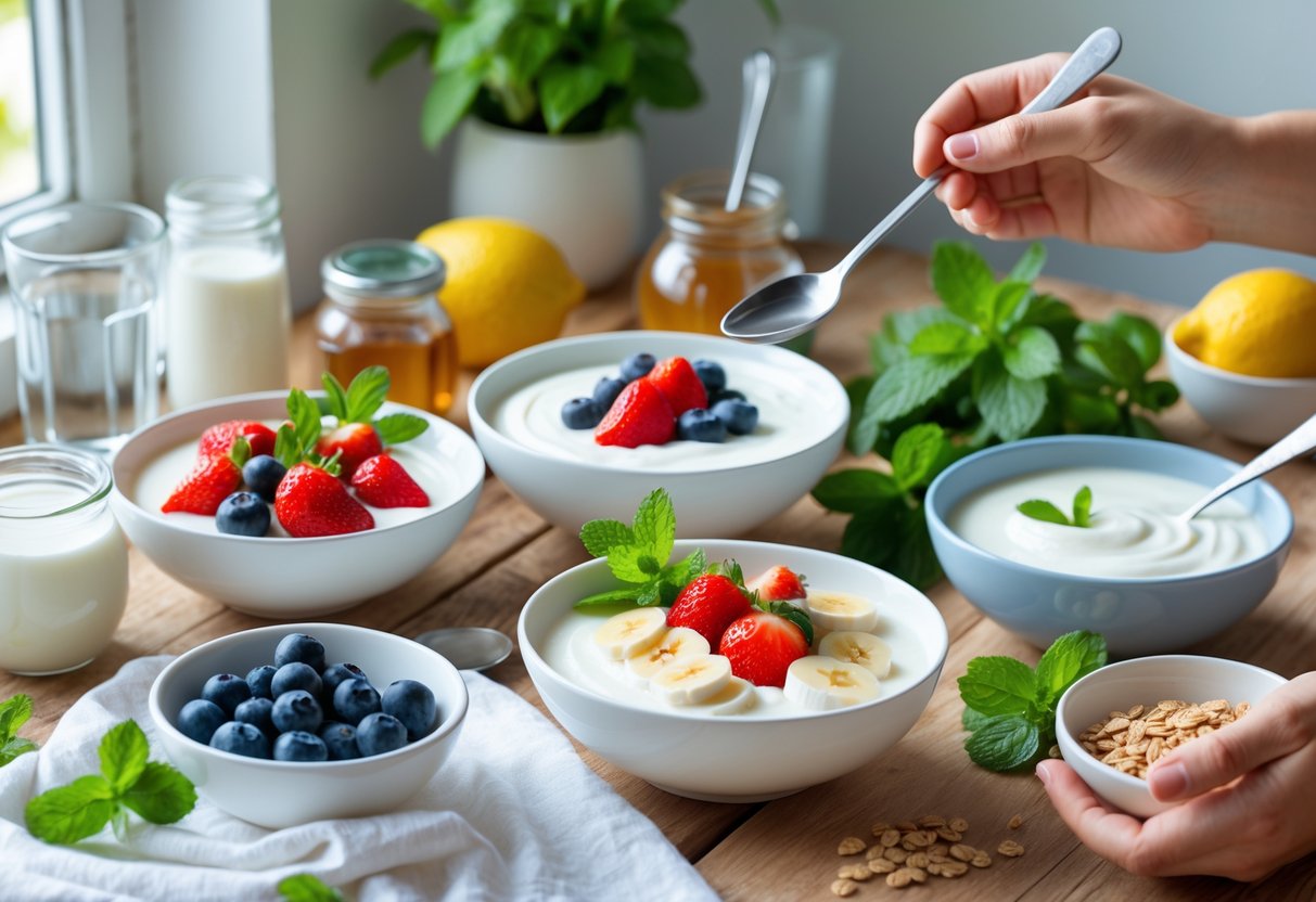 Une table de cuisine avec plusieurs bols de yaourt garnis de fruits frais, des pots de yaourt, un pot de miel et un verre d'eau, dans une ambiance lumineuse et naturelle.