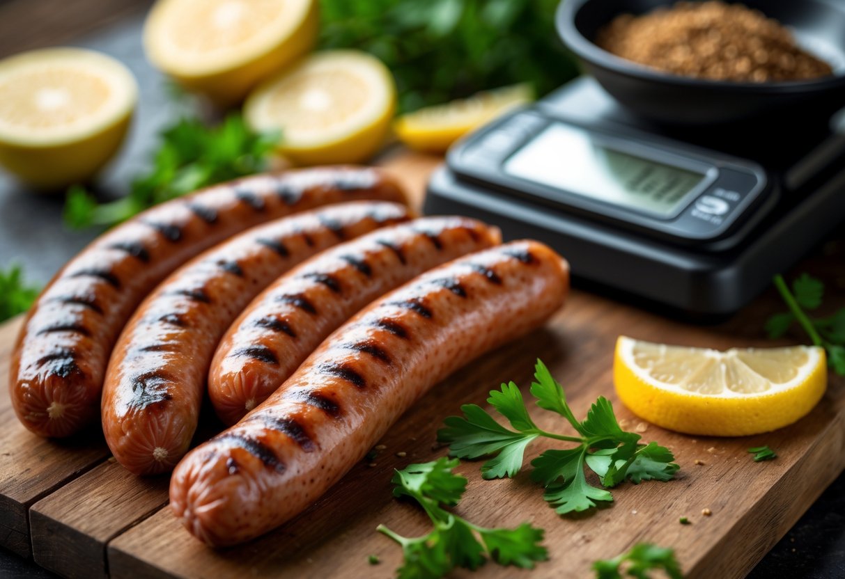 Plusieurs merguez grillées posées sur une planche en bois avec une balance de cuisine affichant le poids à côté.