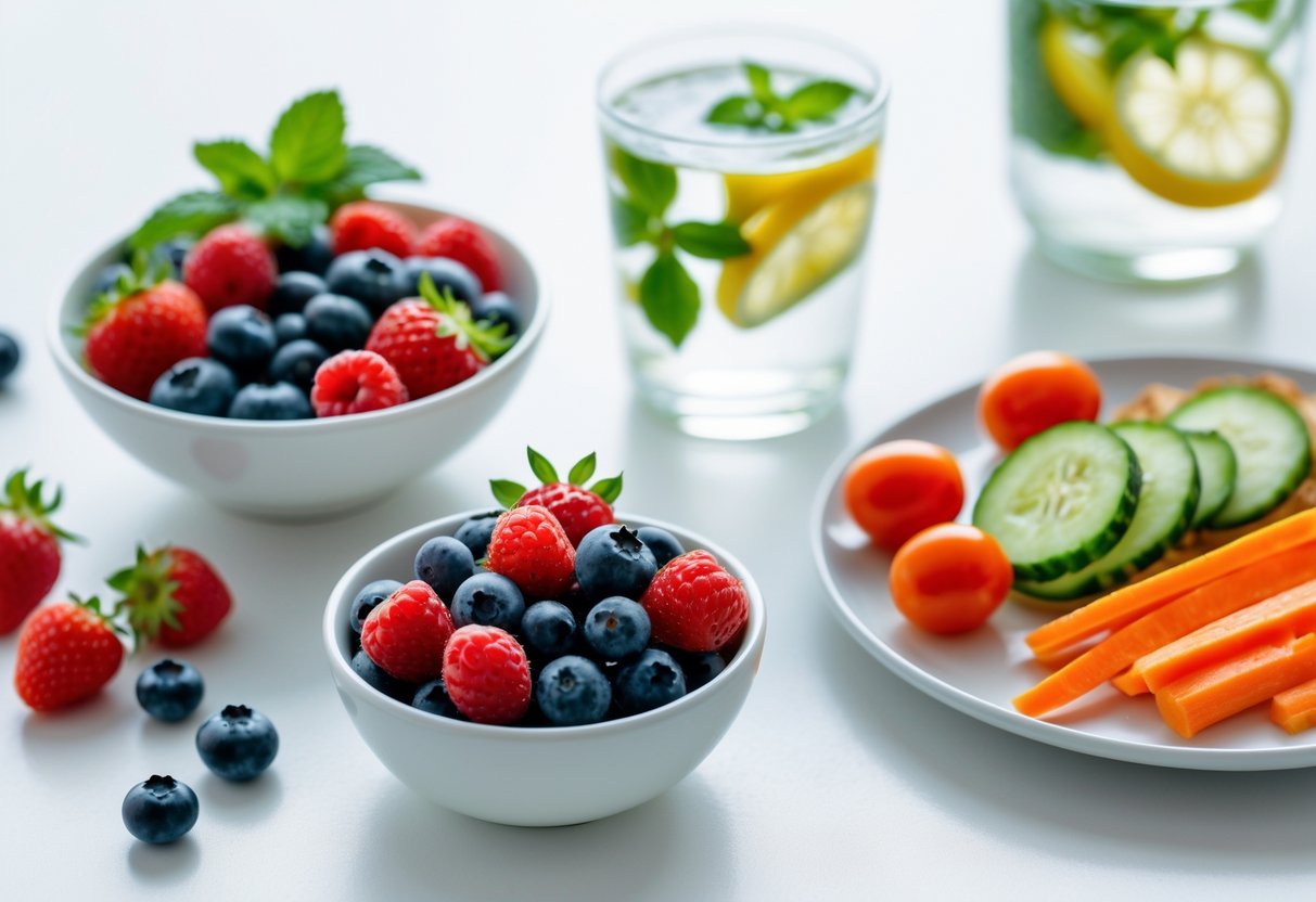 Une table blanche avec un bol de fruits rouges frais, des légumes coupés et un verre d'eau infusée au citron et à la menthe.