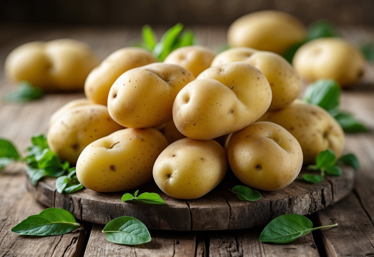 Pomme de terre Charlotte : Utilisations, recettes et astuces cuisson 3 Pommes de terre Charlotte fraîches posées sur une surface en bois avec des feuilles vertes autour.