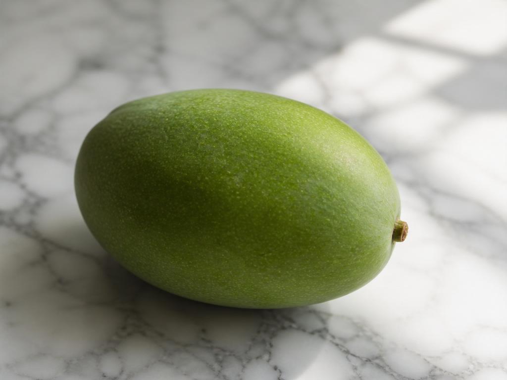 Mangue Keitt verte entière sur surface claire, photographie éditoriale